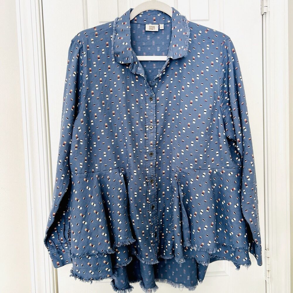 True Craft Blue Checked Ruffly Peplum Button Down Cotton Viscose Blouse Plus 1X